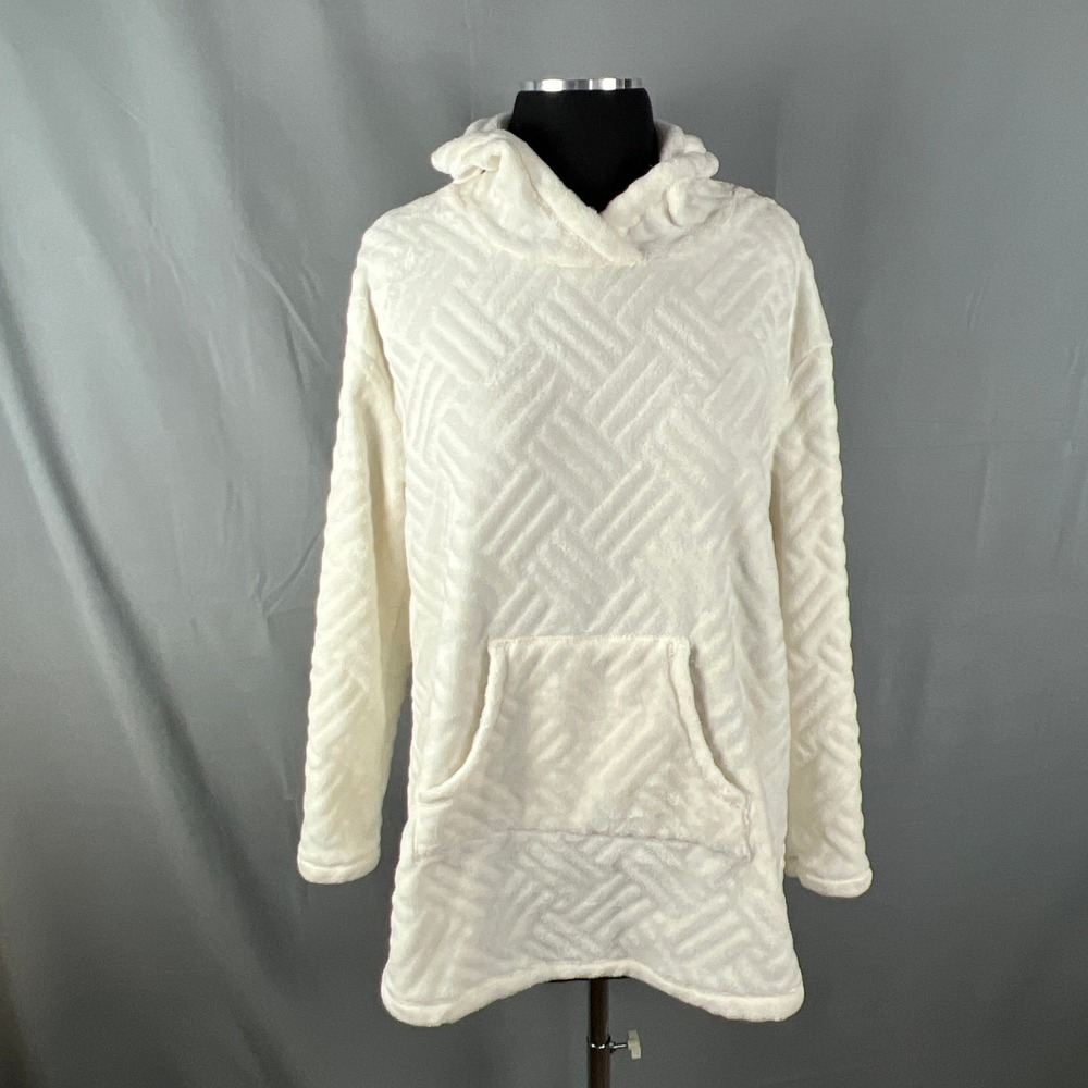 Addison Meadow Plush Hoodie Womens Medium Ivory Fleece Geometric Basketweave